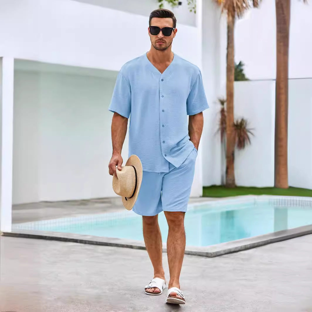 Herren luftiges Sommer-Freizeit-Set mit kurzärmeliger Knopfleiste und lässigen Shorts Echoarchiv