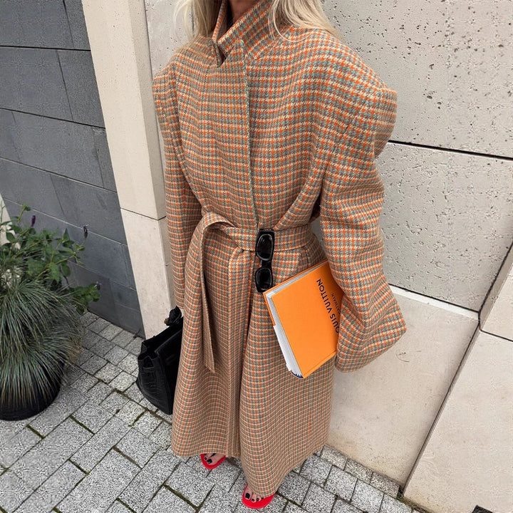 Damen Oversize Wollmantel mit Hahnentritt-Muster und Taillengürtel Echoarchiv