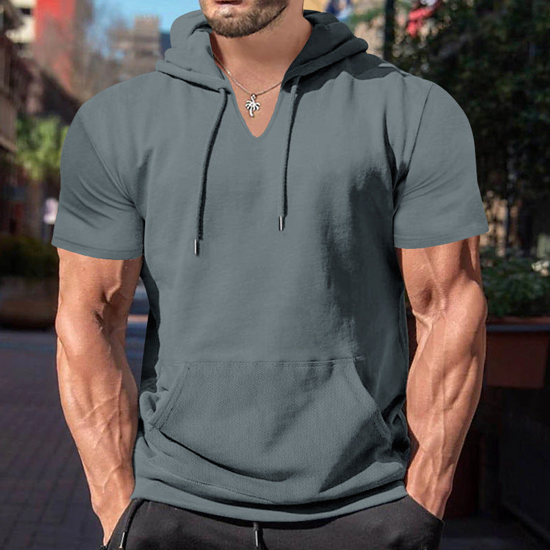 Herren lässiges Kurzarm-Kapuzen-T-Shirt mit V-Ausschnitt und praktischer Kängurutasche Echoarchiv