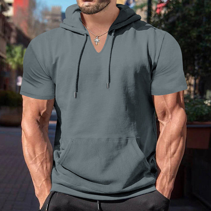 Herren lässiges Kurzarm-Kapuzen-T-Shirt mit V-Ausschnitt und praktischer Kängurutasche Echoarchiv