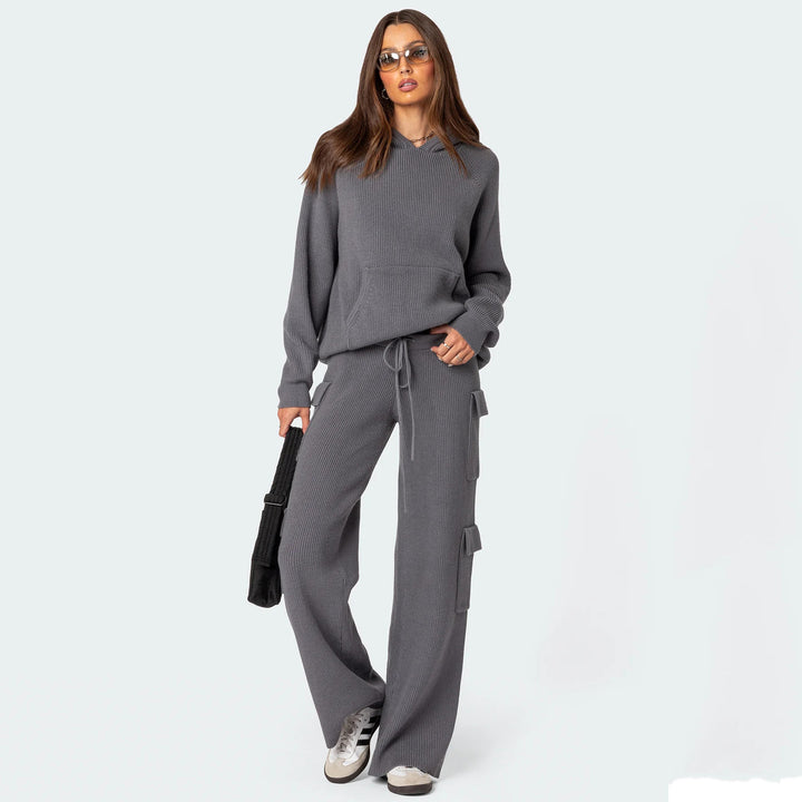 Damen gerippter Kapuzenpullover mit Kängurutasche und leichter Waffelstruktur – Auréline