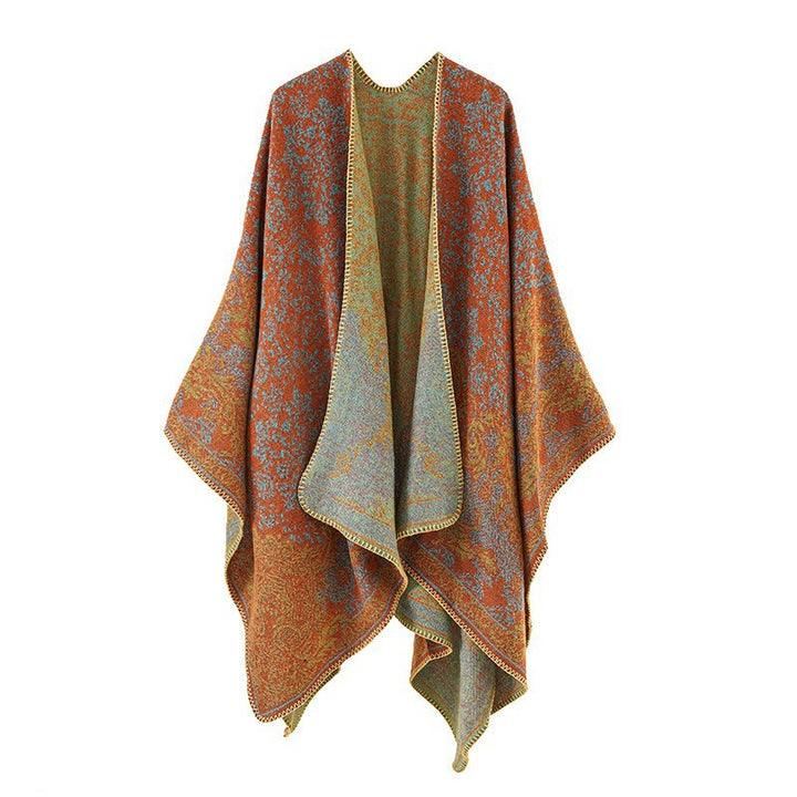 Damen Jacquard‑Ruana mit floraler Bordüre und offenem Oversize‑Schnitt – Avérine