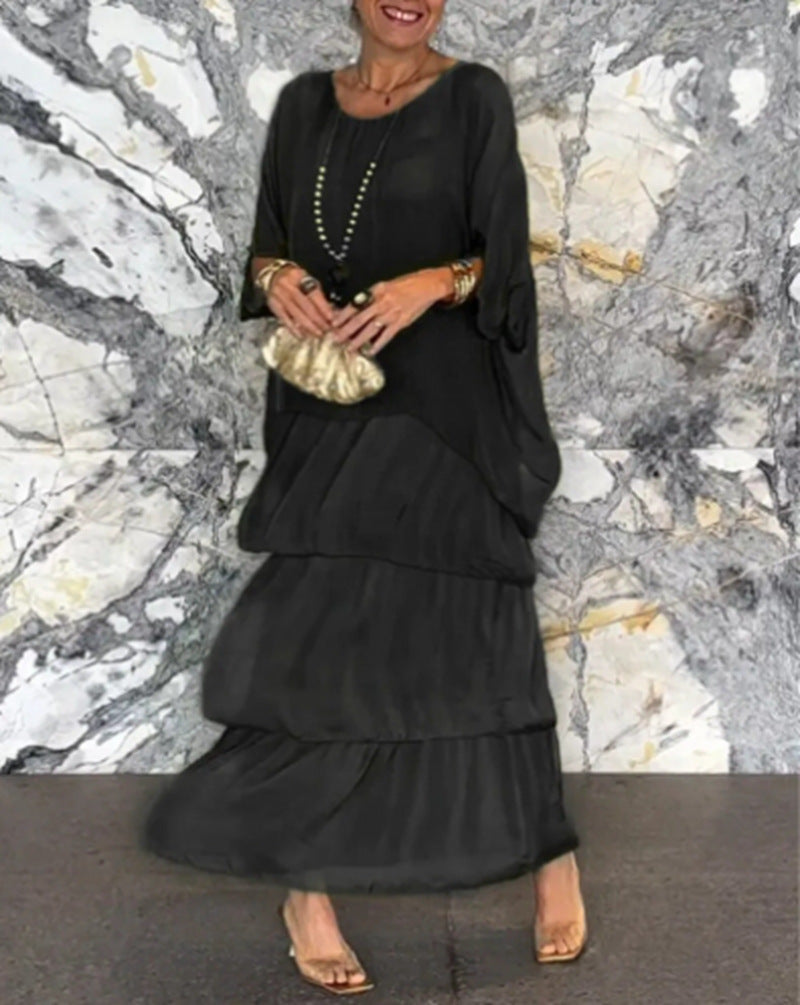 Damen nan mehrlagiges Stufenmaxikleid mit weitem Fledermausoberteil und stufigem Volantrock Echo Archiv