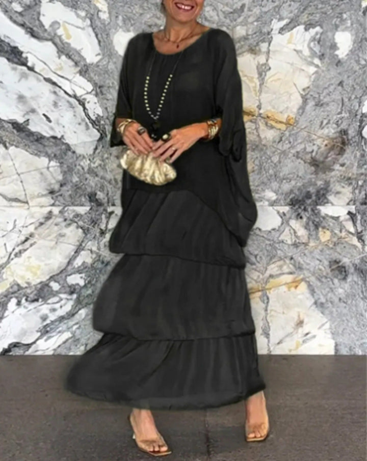 Damen nan mehrlagiges Stufenmaxikleid mit weitem Fledermausoberteil und stufigem Volantrock Echo Archiv