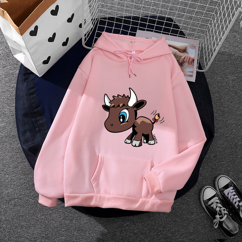 Damen Kapuzenpullover mit charmantem Stier-Karikaturprint, Kängurutasche und entspanntem Oversize-Schnitt – Auréline