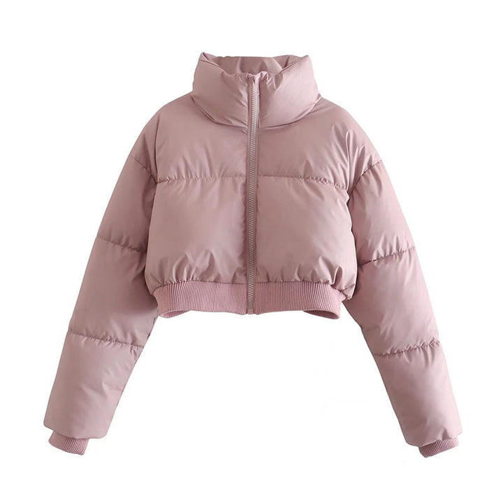 Damen kurz geschnittene gesteppte Cropped-Steppjacke mit hohem Stehkragen, verdecktem Reißverschluss und elastischem Rippenbund – Célinea