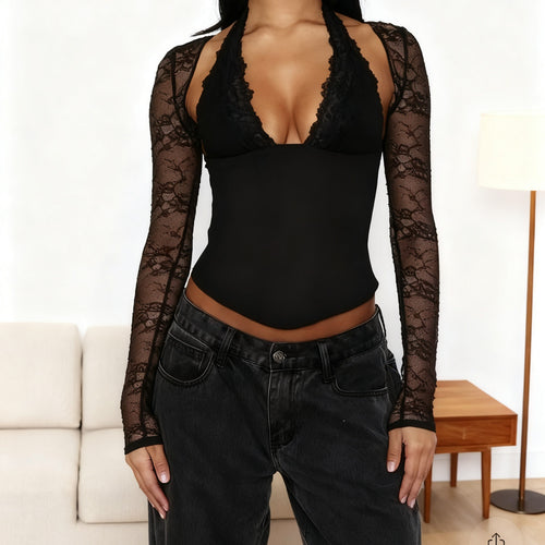 Damen Elegantes Spitzenbodysuit mit tiefem V-Ausschnitt und langen Ärmeln Echo Archiv
