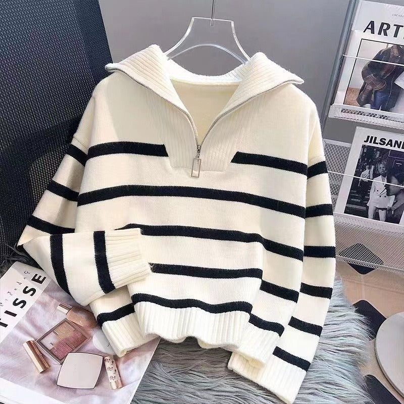 Damen Gestreifter Halb-Reißverschluss Strickpullover mit Rippenkragen – Mavelle
