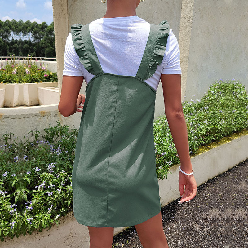 Damen Latzminikleid mit Rüschen-Trägern, aufgesetzten Taschen und lässiger Sommerpassform Echoarchiv