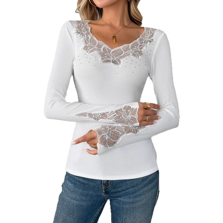 Damen nan figurbetonte Feinstrickbluse mit V-Ausschnitt und floraler Spitzenapplikation Echo Archiv