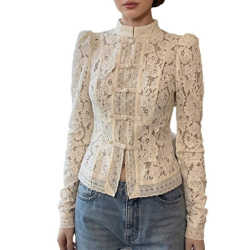Damen Spitzenbluse mit strukturierten Details und elegantem Stehkragen Echo Archiv