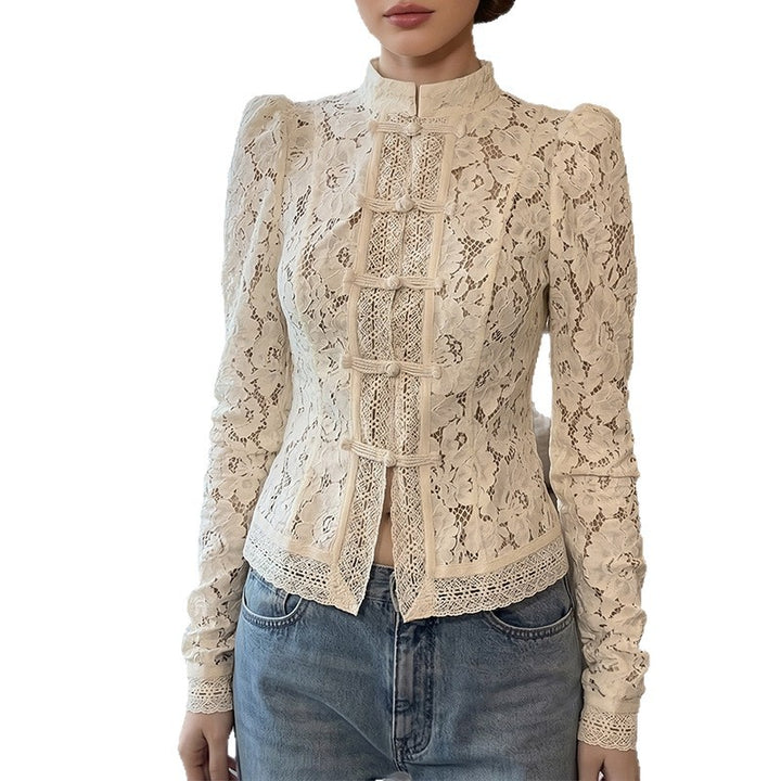 Damen Spitzenbluse mit strukturierten Details und elegantem Stehkragen Echo Archiv