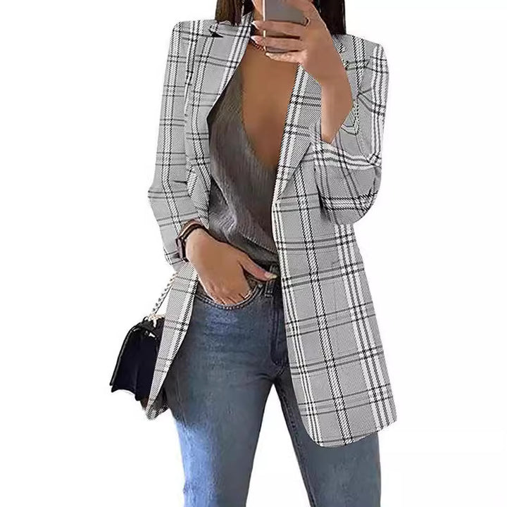 Damen nan taillierter Karoblazer Longline mit strukturierter Schulterpartie und offener Front Echo Archiv