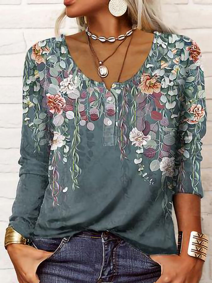 Damen Boho-Tunika mit floralen Hängeranken, V-Ausschnitt und dreiviertelärmeln – Avérine