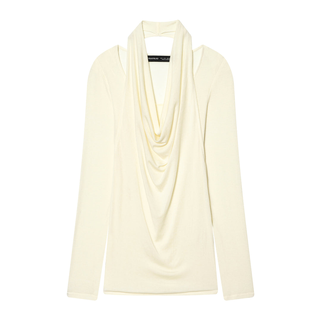 Damen drapiertes Langarmshirt mit tiefem Wasserfall-Cowl-Ausschnitt aus feinem Jersey – Avérine