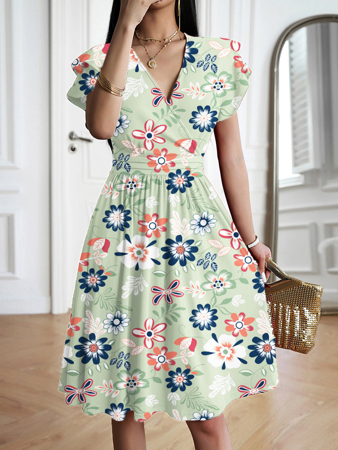 Damen elegantes Wickelkleid mit Rüschendetails und Taillierung Echo Archiv