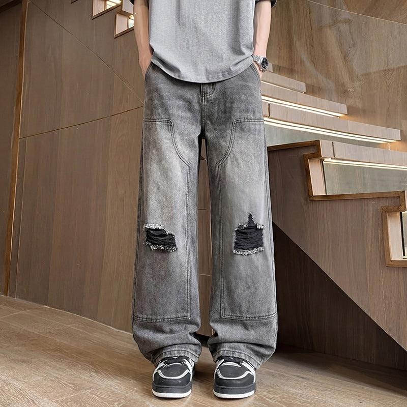 Herren Weite Baggy-Jeans mit Used‑Wash, Knie‑Rips & Utility‑Nähten Echoarchiv