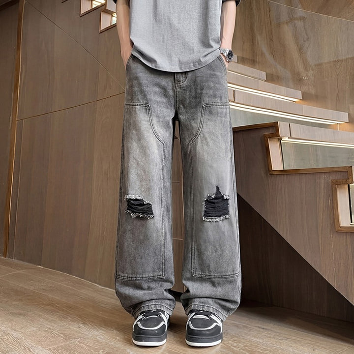 Herren Weite Baggy-Jeans mit Used‑Wash, Knie‑Rips & Utility‑Nähten Echoarchiv