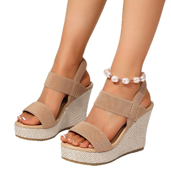 Damen nan Keilabsatz-Sandalen mit elastischen Textilriemen und geflochtenem Bast-Plateau Echo Archiv
