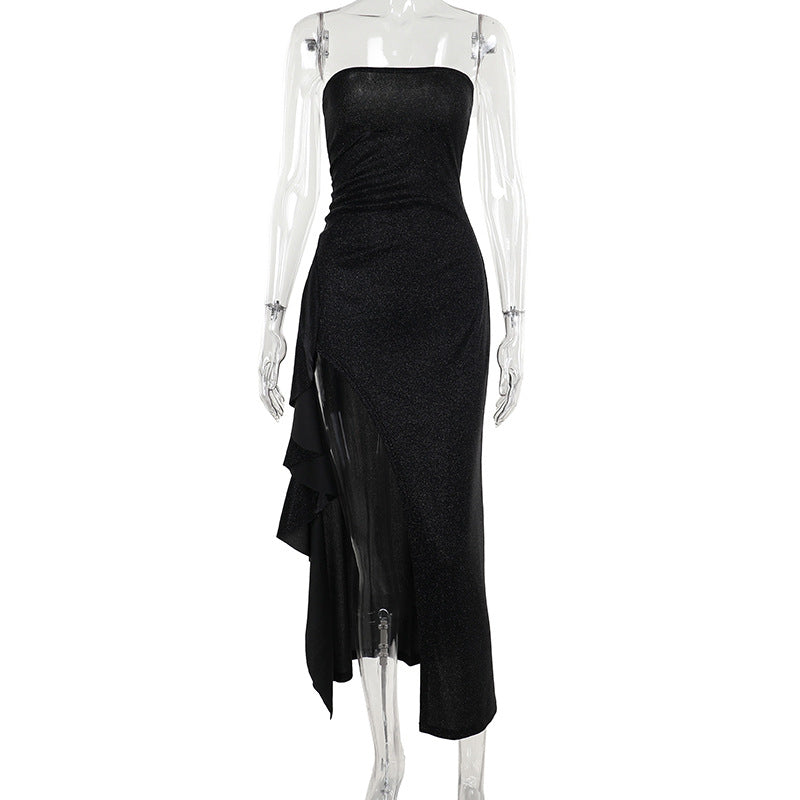 Damen elegantes schulterfreies Abendkleid mit asymmetrischem Volant Echo Archiv