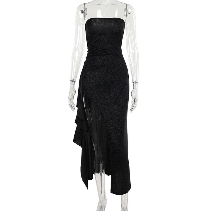 Damen elegantes schulterfreies Abendkleid mit asymmetrischem Volant Echo Archiv