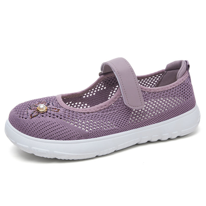 Damen nan gestrickter Mary-Jane-Sneaker mit Klettriemen, atmungsaktivem Strickoberteil, dekorativer Perlenapplikation und dämpfender EVA-Sohle Echo Archiv