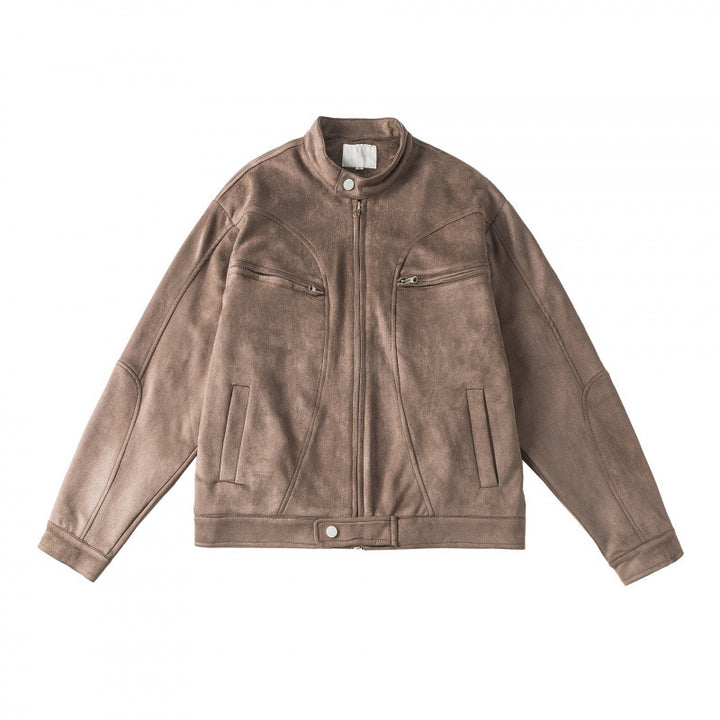 Unisex Kurzgeschnittene kastige Velours-Blousonjacke mit Stehkragen und Brustreißverschlüssen Echo Archiv