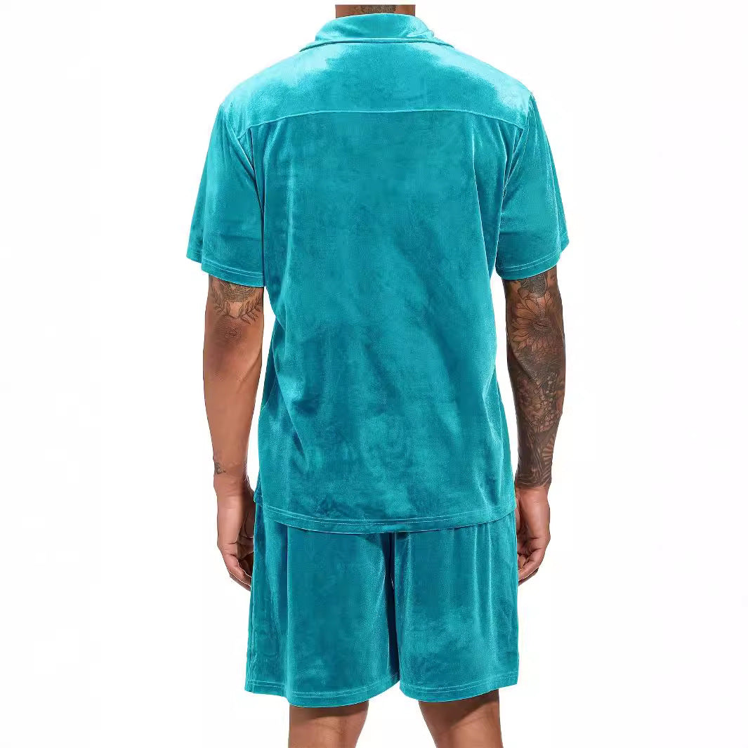 Herren Kurzarm-Hemd und Shorts-Set aus luxuriösem Samt Echoarchiv