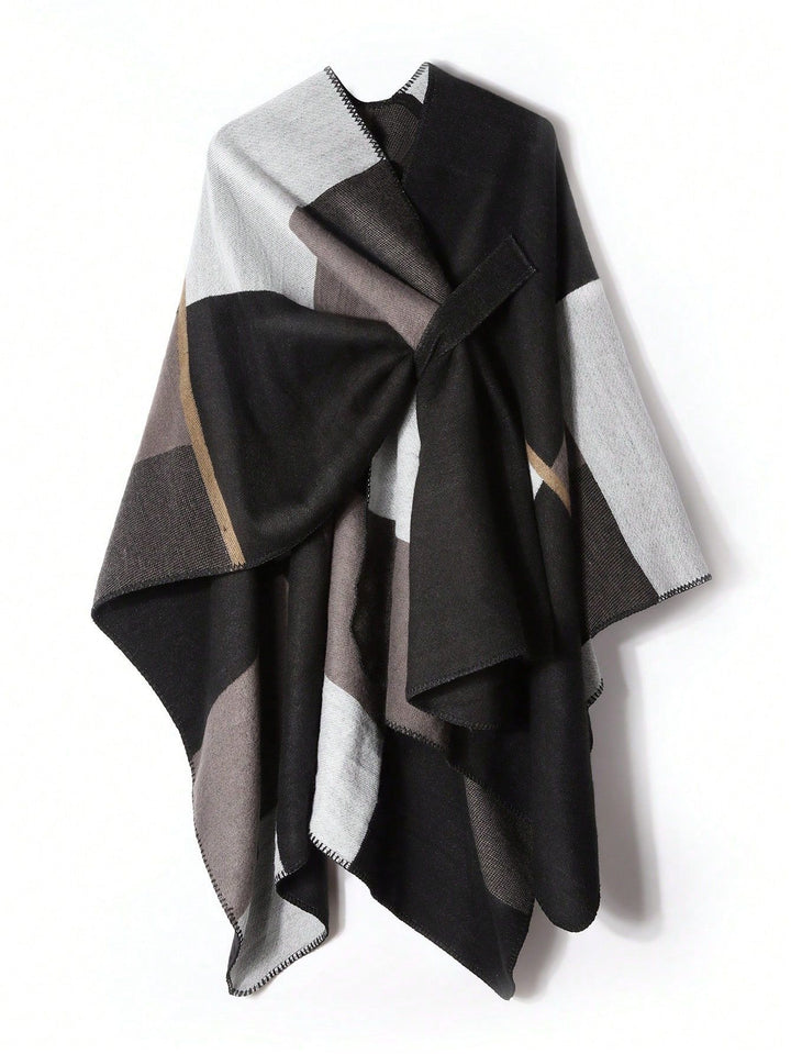 Damen Weicher Wollmix-Poncho mit geometrischem Jacquard und offenem Wasserfall-Schnitt – Avérine