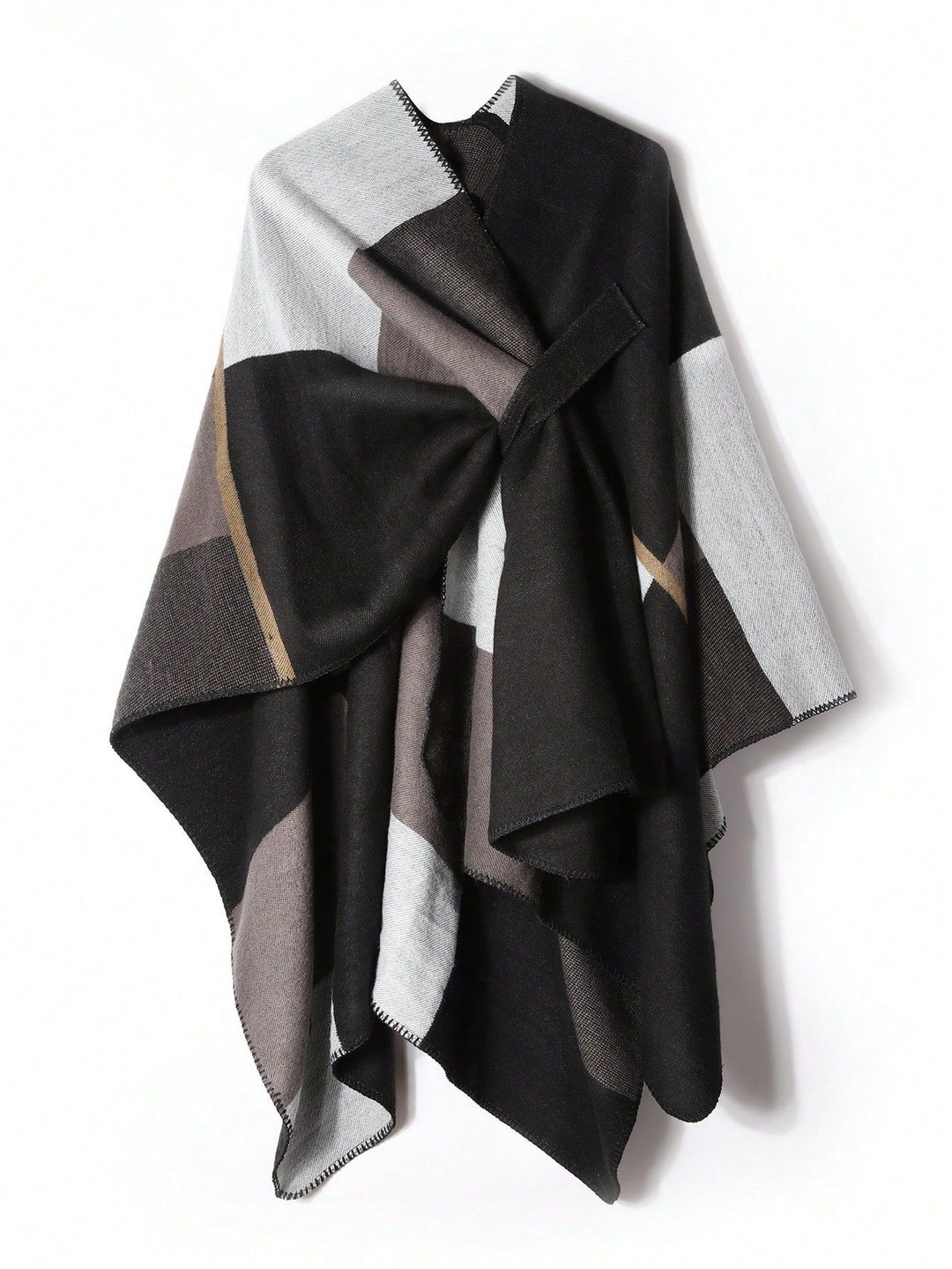 Damen Dreieckiger Strickponcho mit geometrischem Jacquardmuster und Ziernaht – Veloura