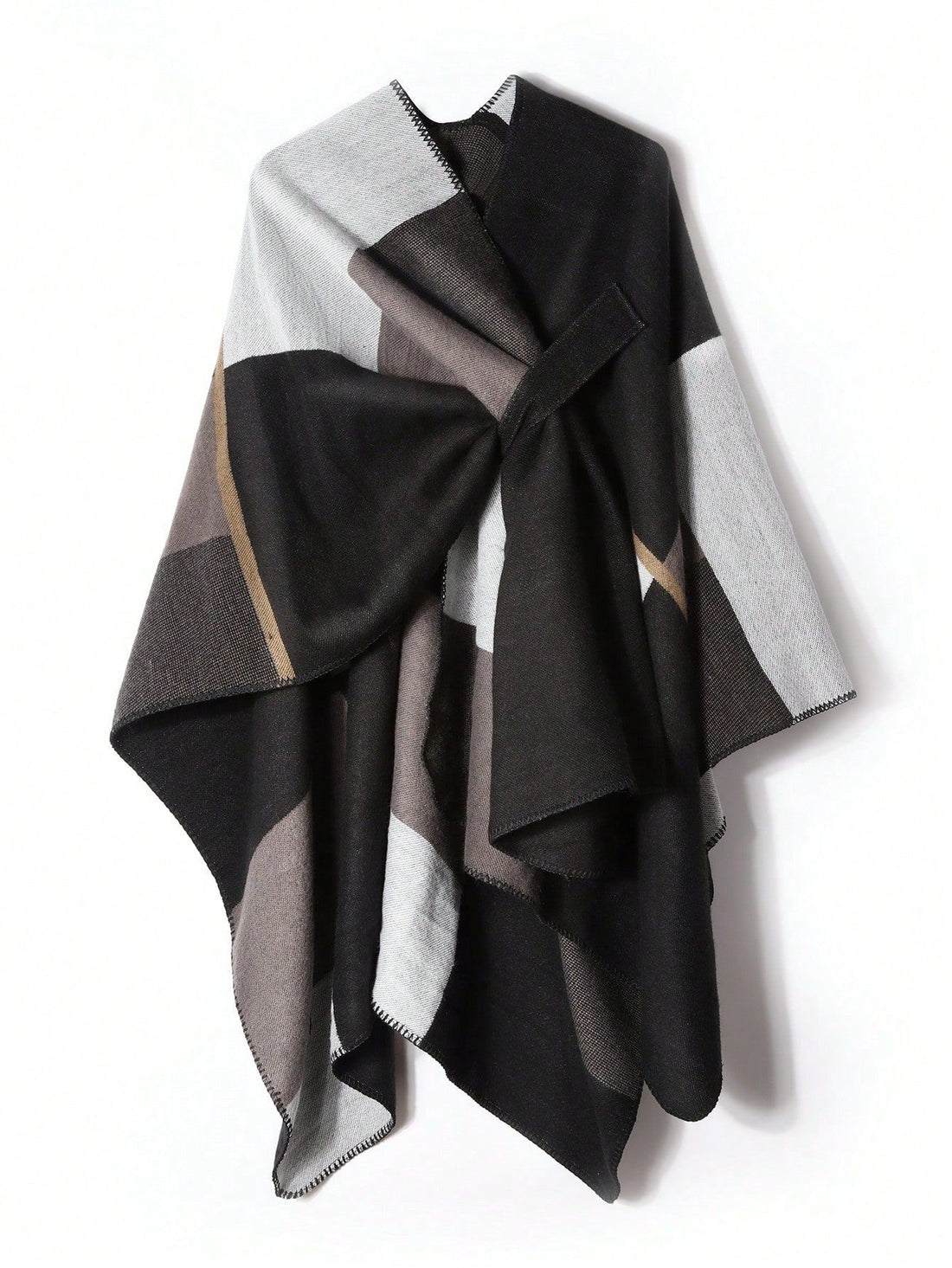 Damen Dreieckiger Strickponcho mit geometrischem Jacquardmuster und Ziernaht – Veloura