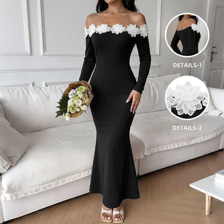 Damen Schulterfreies Maxikleid mit Carmen‑Ausschnitt, figurbetonter Silhouette und Spitzenblütenbesatz – Valéora