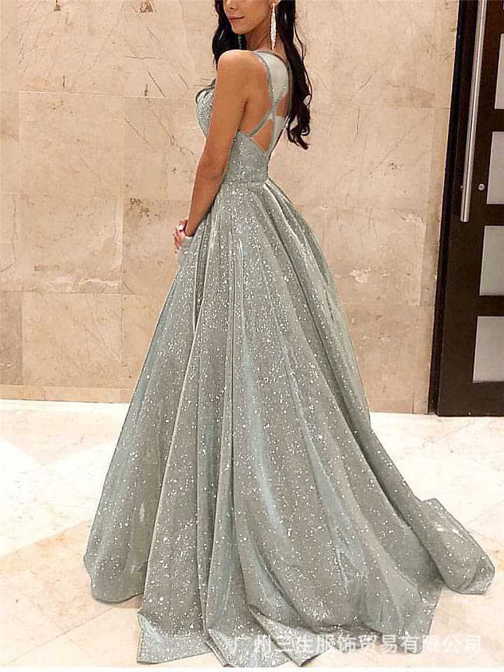 Echoarchiv | Damen Spaghettiträger V-Ausschnitt A-Linie Glitzer Maxikleid