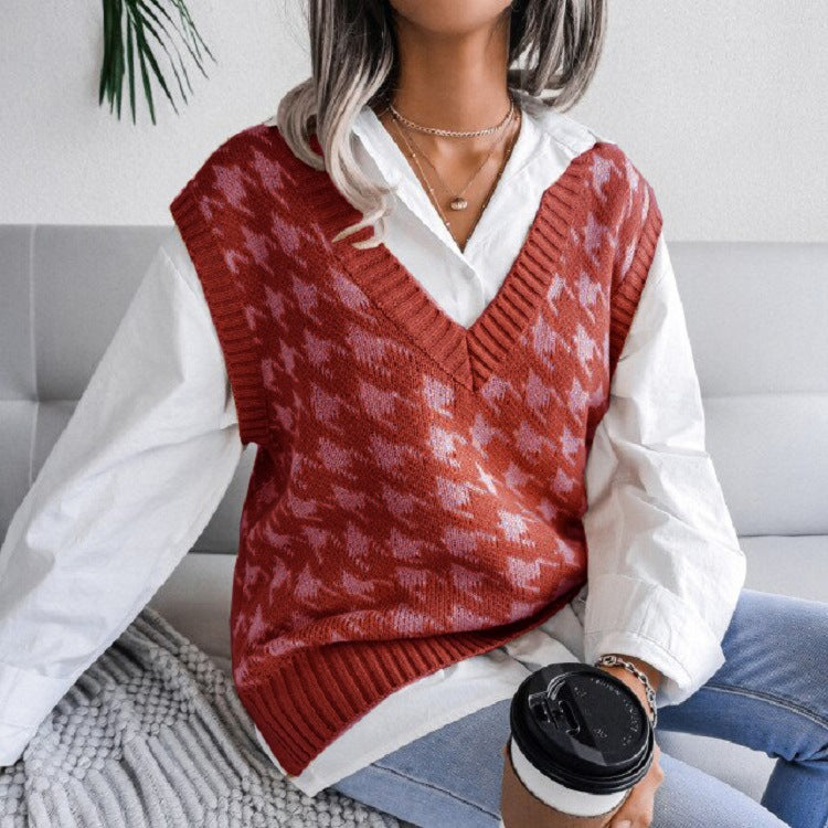 Damen Oversize Strickweste mit Hahnentritt-Muster und V-Ausschnitt Echo Archiv