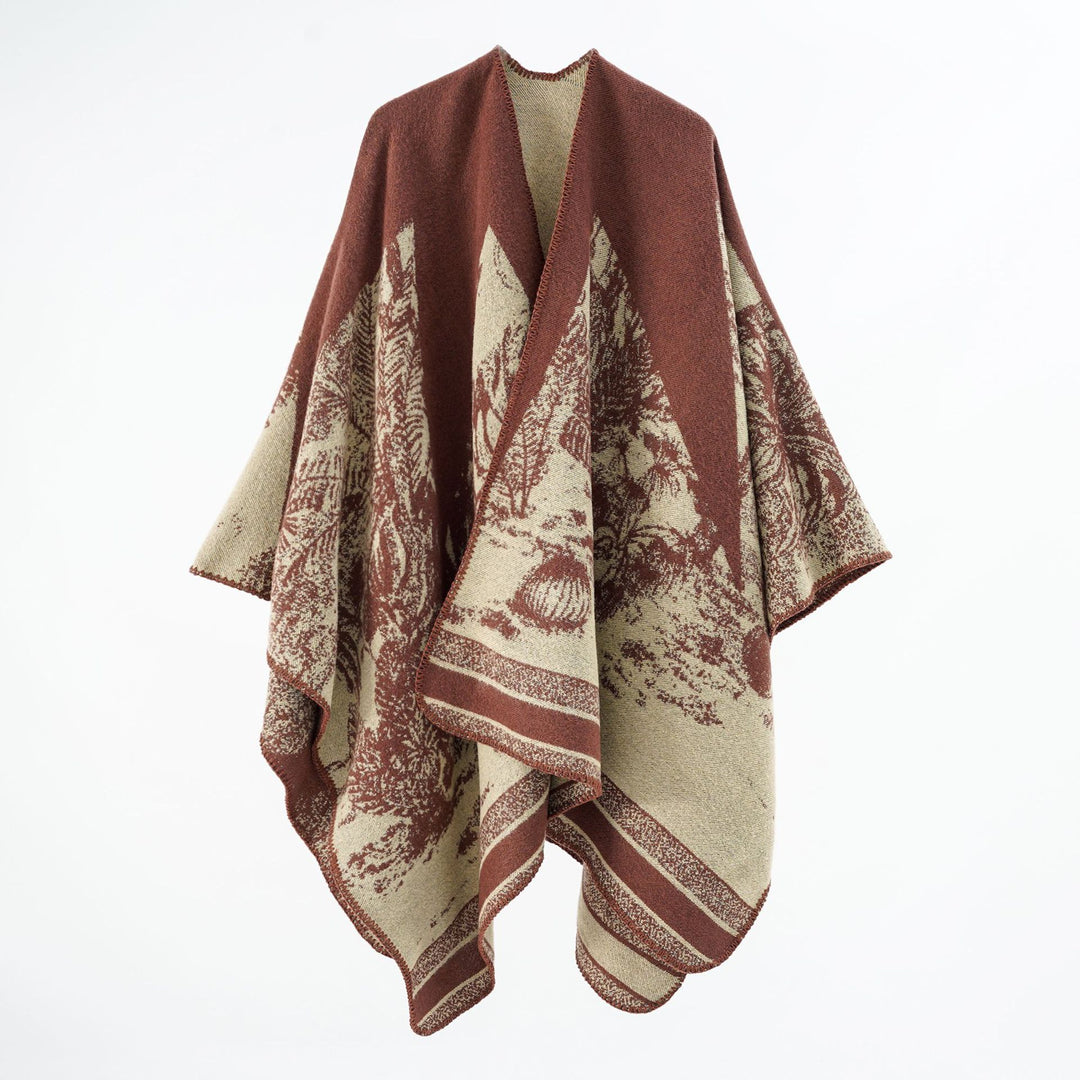Damen Capeponcho aus Wollmix mit zweifarbiger Jacquardstruktur und Zierstichrand – Montévia