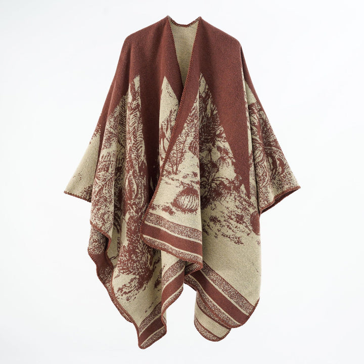 Damen Capeponcho aus Wollmix mit zweifarbiger Jacquardstruktur und Zierstichrand – Montévia