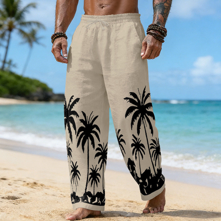 Herren Lässige weite Leinenhose mit elastischem Bund und tonalem Palmenprint – Sorevano