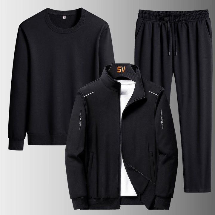 Herren Dreiteiliges Freizeit-Trainingsset aus French-Terry mit Kapuzenjacke, Rundhals-Sweat & tapered Jogginghose Echoarchiv