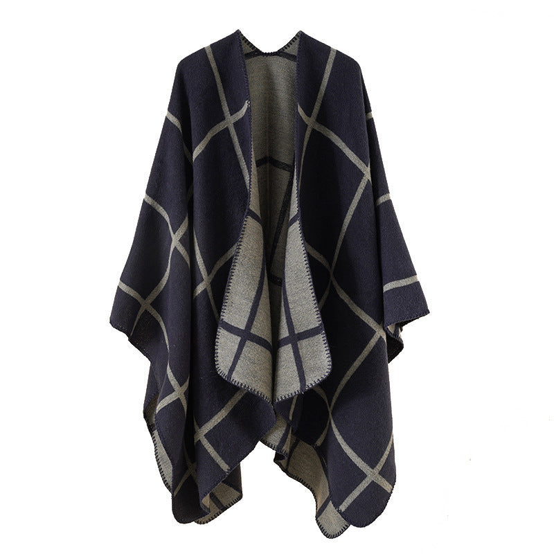 Damen Offener Wollmix-Poncho im Cape‑Stil mit dezentem Karomuster – Avérine