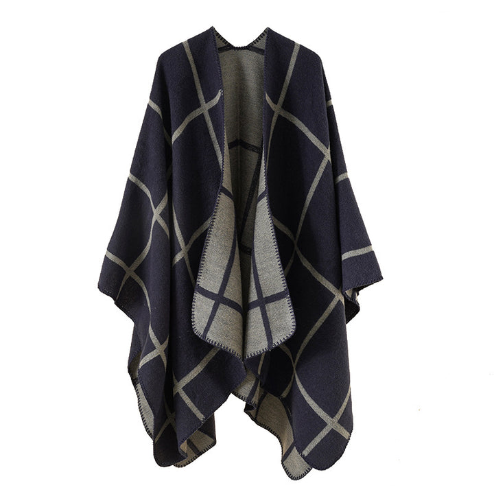 Damen Offener Wollmix-Poncho im Cape‑Stil mit dezentem Karomuster – Avérine