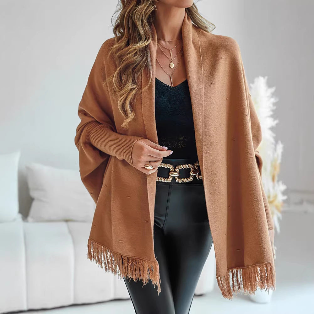 Damen Fransen‑Poncho‑Cardigan mit dekorativem Taillengürtel und Rippbündchen – Veloura