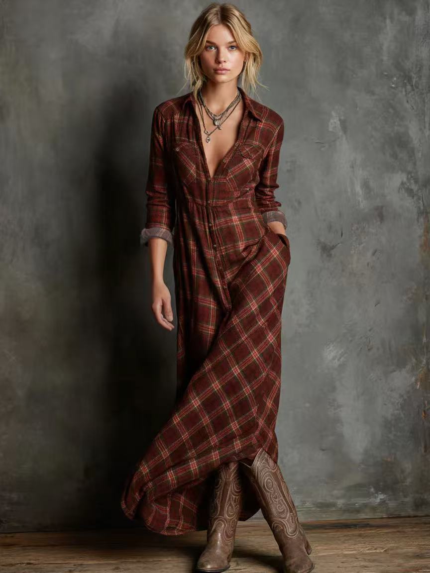 Damen Maxikleid aus kariertem Flanell-Look mit Knopfleiste und seitlichen Taschen – Valéora