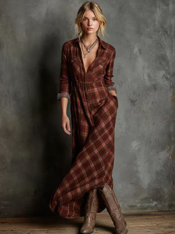 Damen Maxikleid aus kariertem Flanell-Look mit Knopfleiste und seitlichen Taschen – Valéora