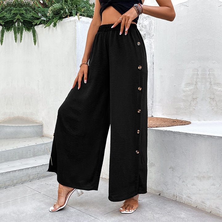 Damen Weite Palazzo-Hose mit elastischem Bund, Seitenschlitz und Zierknopfleiste Echoarchiv