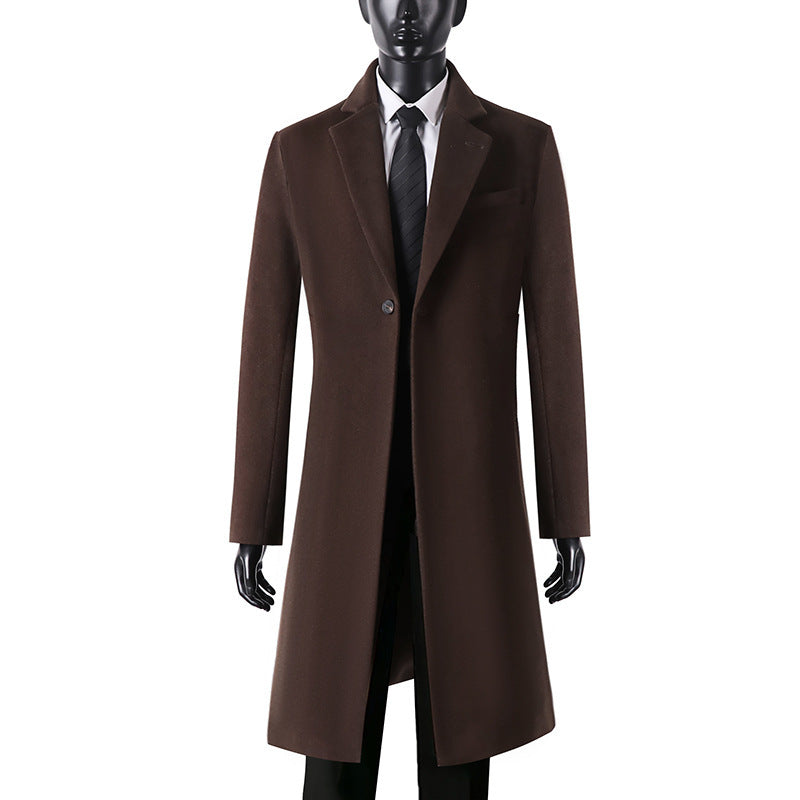 Herren Eleganter langer Einreiher-Wollmantel mit schmalem Revers und taillierter Silhouette Echoarchiv