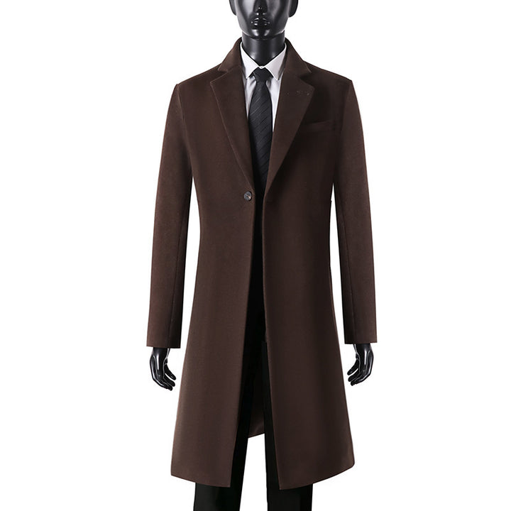 Herren Eleganter langer Einreiher-Wollmantel mit schmalem Revers und taillierter Silhouette Echoarchiv