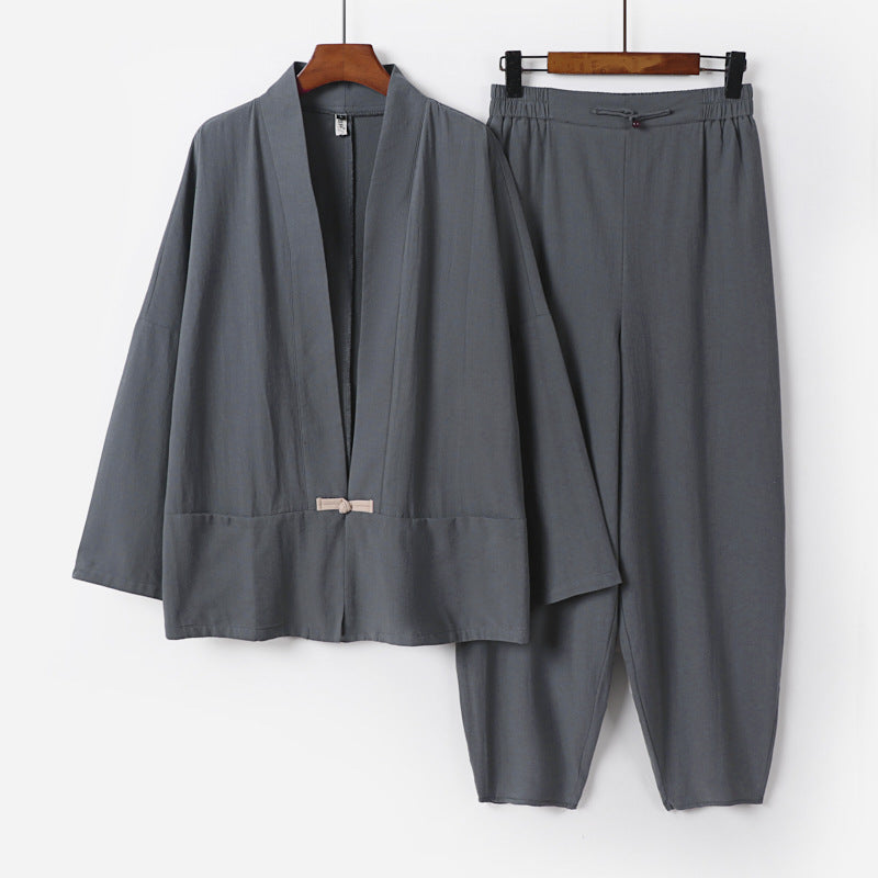 Herren Zen-Relax-Set mit offener Kimono-Jacke, dekorativem Knebelverschluss und tapered Harem-Joggpants Echoarchiv