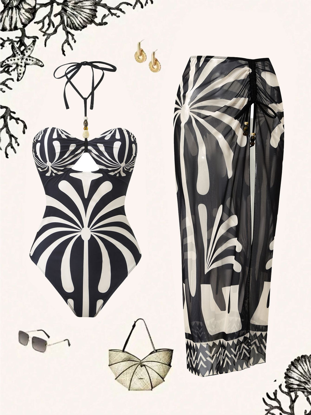 Damen Eleganter Bandeau-Badeanzug mit passendem transparenter Langrock Echo Archiv
