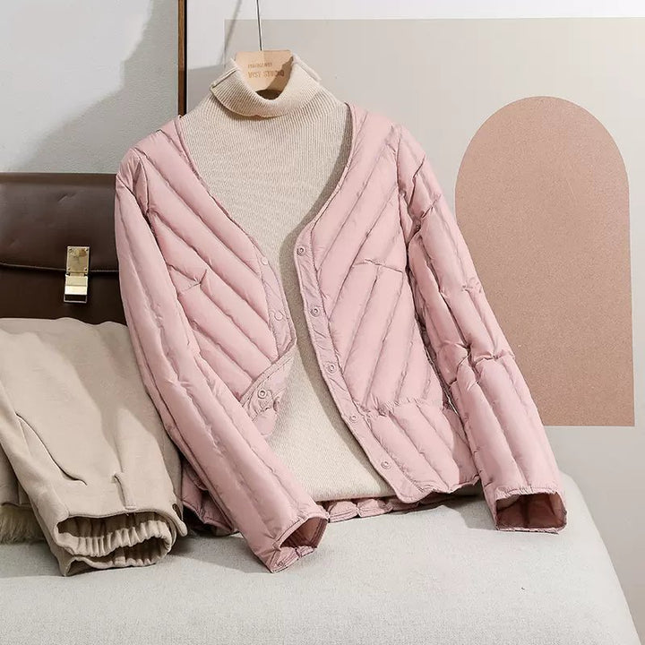 Damen Ultraleichte gesteppte Cardigan-Jacke mit V-Ausschnitt und Druckknopfverschluss Echoarchiv