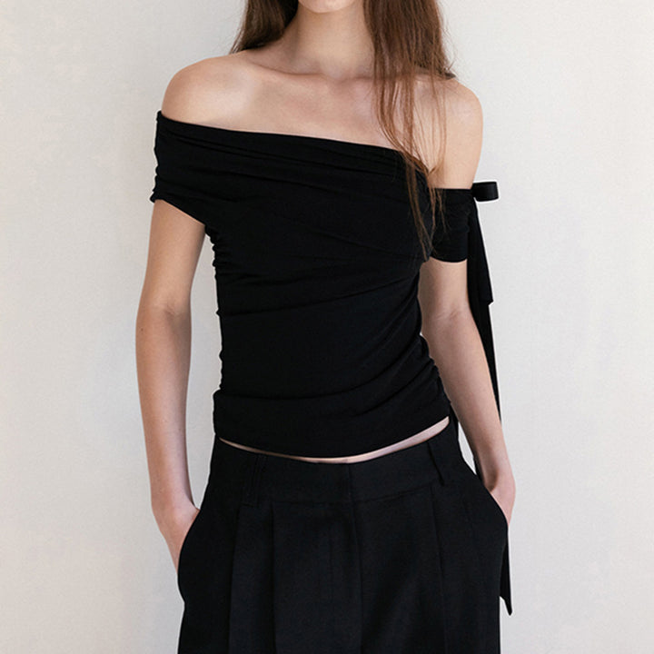 Damen Off-Shoulder Oberteil mit Rüschendetails und transparentem Ärmel Echo Archiv